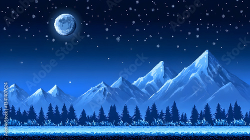 Pixelated Snowy Mountain Landscape At Night