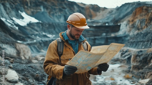Geological expert analyzing map at an open-pit mining site for resource exploration