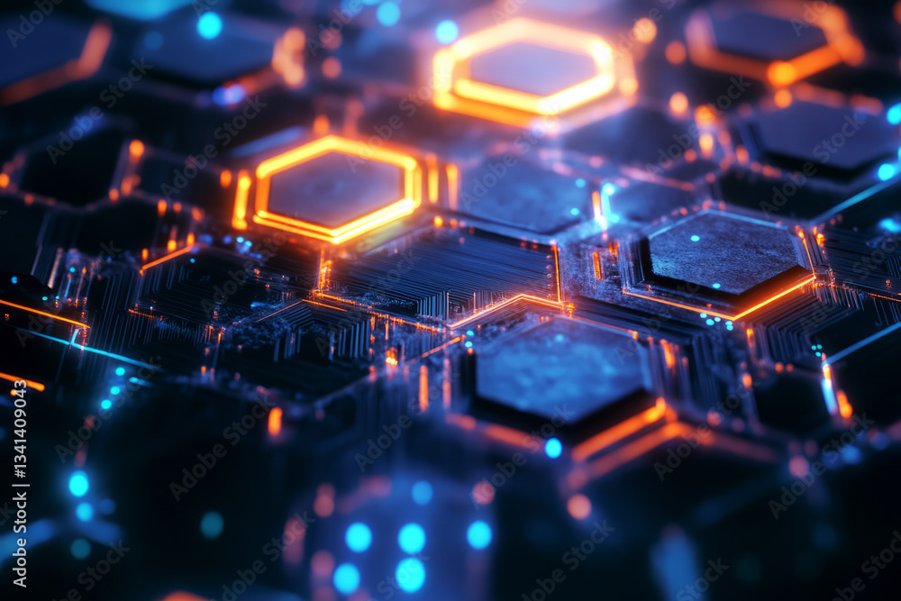 A high-tech 3D background with hexagons integrated into a futuristic circuit board design. Glowing pathways connect each hexagon, and a subtle blue light radiates from within the cells, creating an A high-tech 3D background with hexagons integrated into a futuristic circuit board design. Glowing pathways connect each hexagon, and a subtle blue light radiates from within the cells, creating an