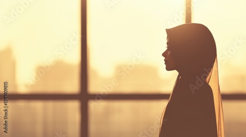 Silhouetted woman in hijab, looking out window at sunset cityscape.