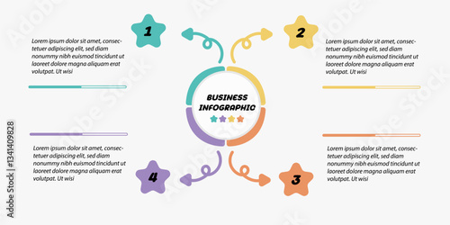 4 colorful elements with star icons and place for text inside placed around circle. Concept of strategic planning technique. Infographic design template. Vector illustration.