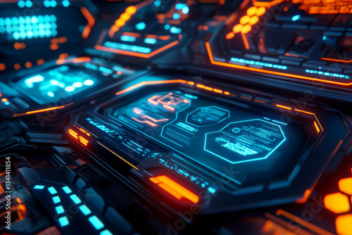 A sci-fi-inspired high-tech control panel with interactive hexagonal touchscreens floating in mid-air. The glowing blue and orange interfaces display real-time holographic data, futuristic analytics,