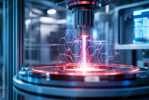 A sci-fi energy core in a high-tech laboratory, surrounded by floating hexagonal containment fields. The pulsating plasma energy and holographic control panels showcase an advanced power generation