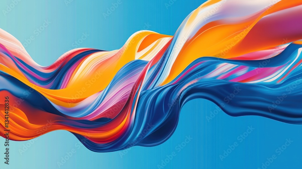 Obraz premium Abstract vibrant fluid dynamic colored ribbons against a soft light blue sky.