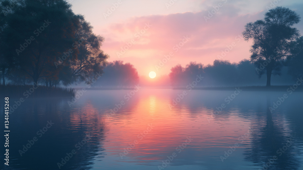 Fototapeta premium Serene Sunrise over Misty Lake with Silhouetted Trees and Calm Waters
