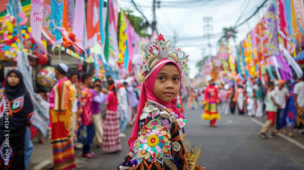 Fototapeta premium vibrant festival scene with young girl in traditional attire