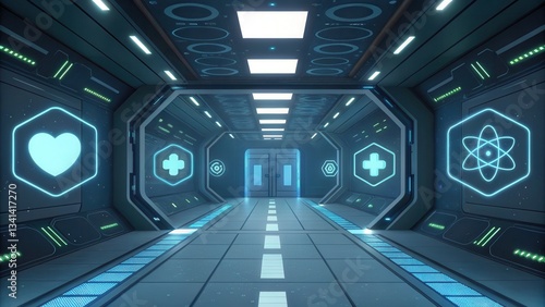 Futuristic hallway with glowing symbols and high-tech ambiance  suggesting advanced technology and innovation.
