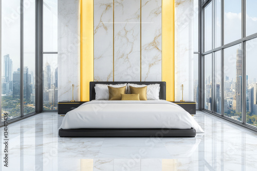 A luxurious five-star hotel suite 3D background room with floor-to-ceiling windows overlooking a city skyline, elegant marble floors, and a king-size bed adorned with plush designer pillows. The