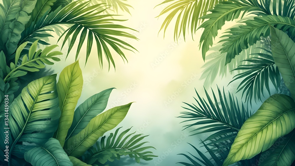 Fototapeta premium Tropical jungle watercolor painting with lush green foliage.