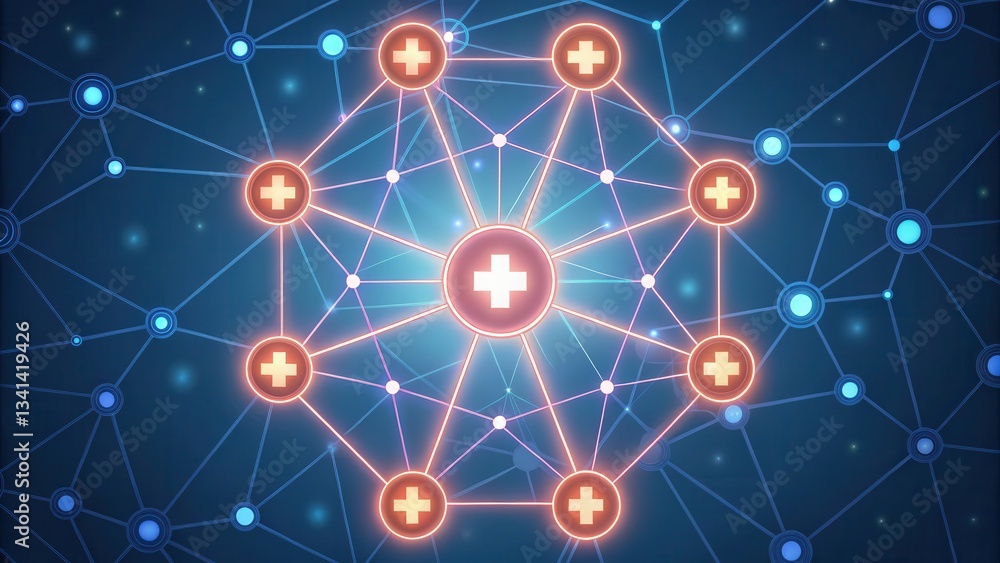 Digital illustration of interconnected nodes featuring medical symbols and a blue background. Digital illustration of interconnected nodes featuring medical symbols and a blue background.