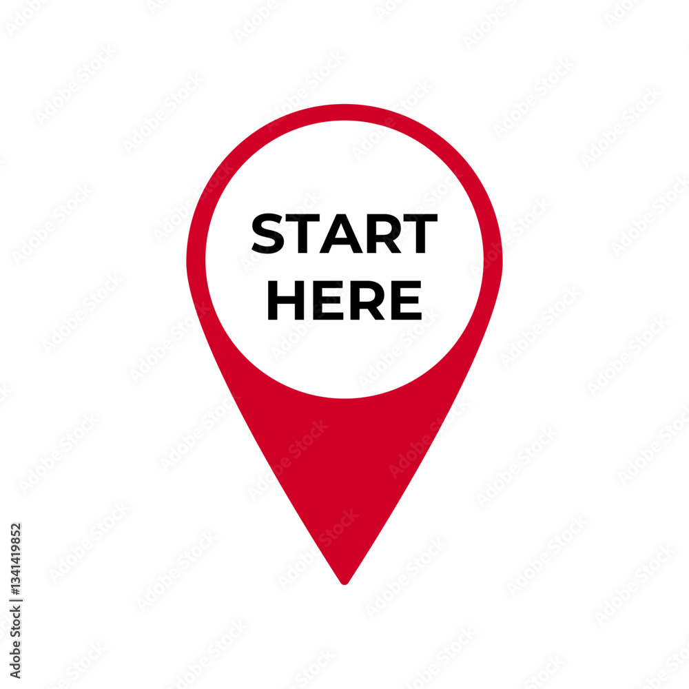 Red location pin symbol marked with bold start here text, indicating the beginning or start. Red location pin symbol marked with bold start here text, indicating the beginning or start.