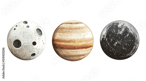 Set of three planets featuring simple craters and unique textures in a cosmic setting