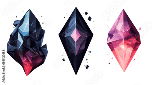 Collection of three exquisite fantasy crystals featuring unique shapes and colors displayed on a flat surface