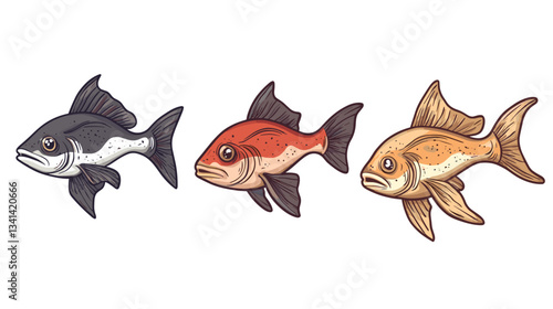 Cartoon-style fish trio swimming in vibrant colors with unique expressions in a playful underwater environment