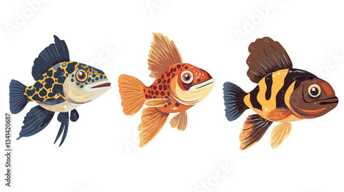 Three colorful cartoon-style fish swimming in a playful underwater setting surrounded by bubbles and aquatic plants