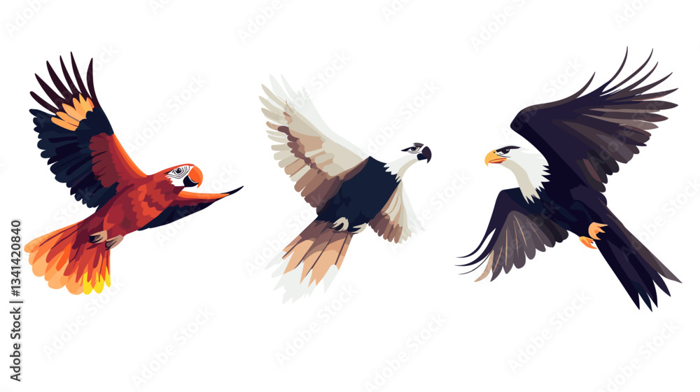 Fototapeta premium Vibrant illustration set displaying three distinct bird species in modern artistic style