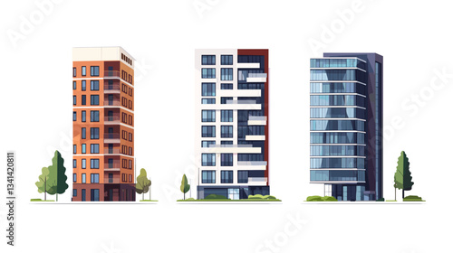 Modern architecture illustration featuring three distinct building designs in a vibrant city setting