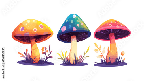 Colorful modern illustration of three distinct mushrooms with vibrant hues in a whimsical nature setting