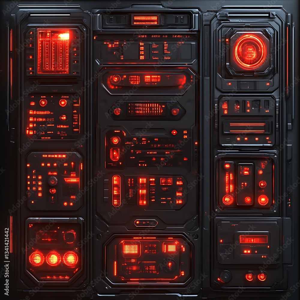 Futuristic Control Panel with Red Glowing Lights and Buttons