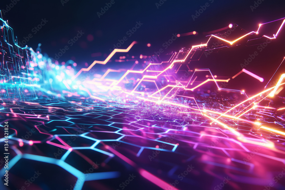 A high-energy, digital-themed 3D background with hexagons arranged in an electrified pattern. The edges of each hexagon are lined with glowing neon traces, while a vibrant energy wave pulses through