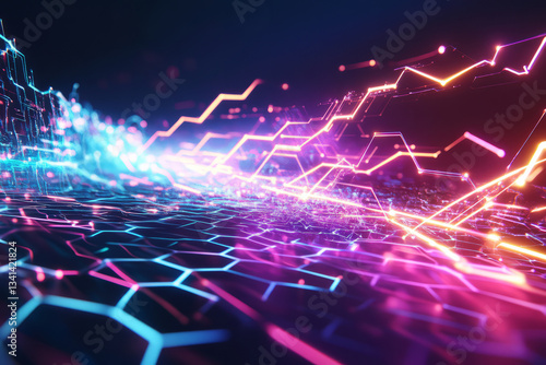 Obraz na płótnie A high-energy, digital-themed 3D background with hexagons arranged in an electrified pattern. The edges of each hexagon are lined with glowing neon traces, while a vibrant energy wave pulses through w salonie