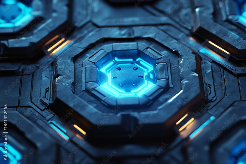 A mechanical hexagonal 3D background where each hexagon opens like a hatch, revealing glowing, animated gears underneath. The metallic surfaces reflect deep blue and cyan neon lights, creating an