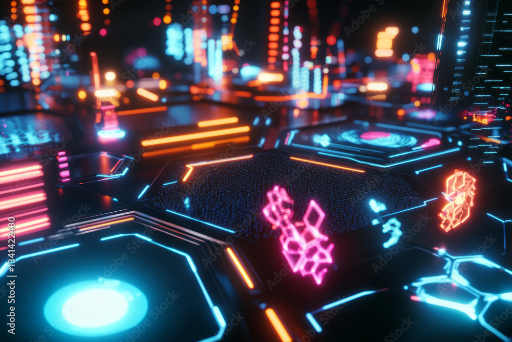 A futuristic data flow representation with a 3D hexagonal background displaying live holographic analytics. The glowing information panels, interconnected network nodes, and abstract AI processing