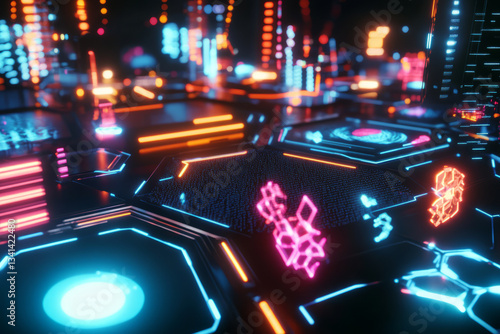 Obraz na płótnie A futuristic data flow representation with a 3D hexagonal background displaying live holographic analytics. The glowing information panels, interconnected network nodes, and abstract AI processing w salonie
