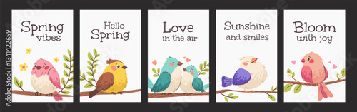 Set of greeting cards with wishes. Flat birds on white background with captions. Spring mini cards, tags