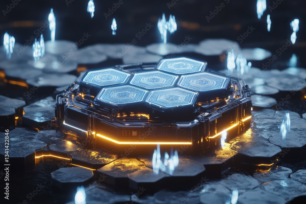 A neon-lit AI data core surrounded by hexagonal floating data nodes. The pulsating cybernetic energy streams and intricate holographic patterns symbolize advanced digital processing, quantum computing