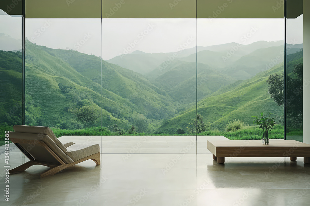 A sleek modern glass house 3D background room featuring panoramic views of a lush green valley. The minimalist interior design includes neutral tones, elegant wooden furniture, and soft natural light