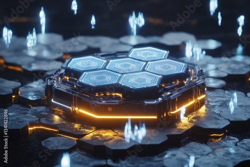 Obraz na płótnie A neon-lit AI data core surrounded by hexagonal floating data nodes. The pulsating cybernetic energy streams and intricate holographic patterns symbolize advanced digital processing, quantum computing w salonie