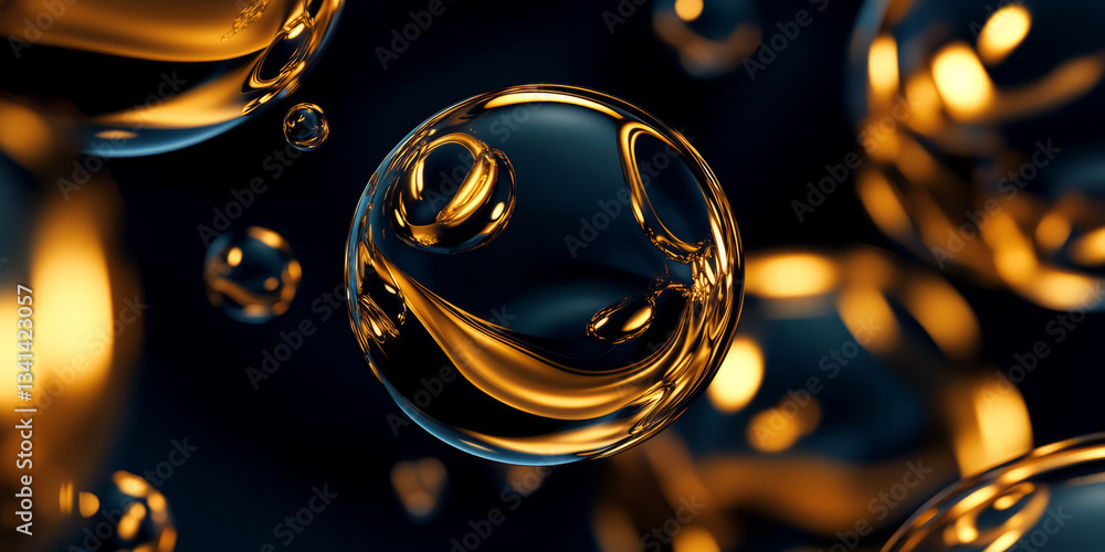 A luxurious 3D background showcasing floating glass orbs filled with swirling golden liquid. The backdrop consists of deep black and dark blue gradients, making the luminous elements stand out.