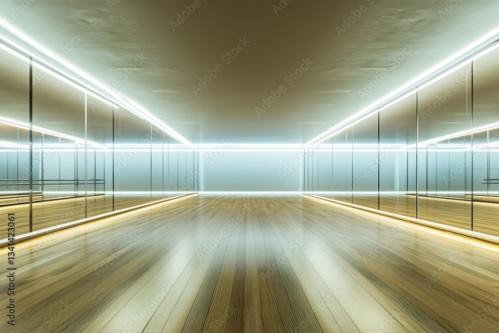 A sleek, modern dance studio 3D background room with floor-to-ceiling mirrors, polished wooden floors, and soft LED strip lighting. The minimalistic design, with ballet barres and high-tech sound