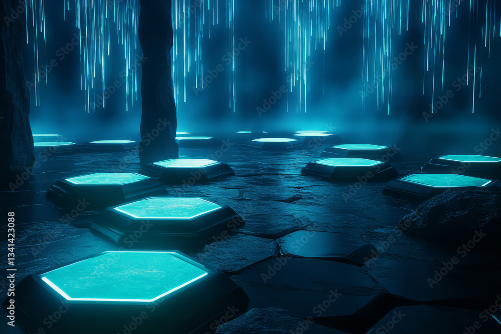 A deep, futuristic abyss where hexagonal stepping stones float over an endless digital void. The glowing platforms pulse rhythmically, forming a sci-fi-inspired path through a surreal, otherworldly