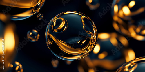 Obraz na płótnie A luxurious 3D background showcasing floating glass orbs filled with swirling golden liquid. The backdrop consists of deep black and dark blue gradients, making the luminous elements stand out. w salonie