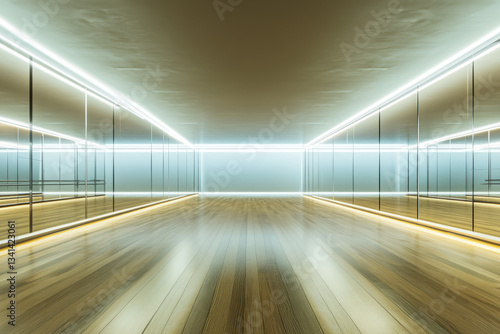 Obraz na płótnie A sleek, modern dance studio 3D background room with floor-to-ceiling mirrors, polished wooden floors, and soft LED strip lighting. The minimalistic design, with ballet barres and high-tech sound w salonie