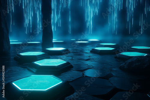 Obraz na płótnie A deep, futuristic abyss where hexagonal stepping stones float over an endless digital void. The glowing platforms pulse rhythmically, forming a sci-fi-inspired path through a surreal, otherworldly w salonie