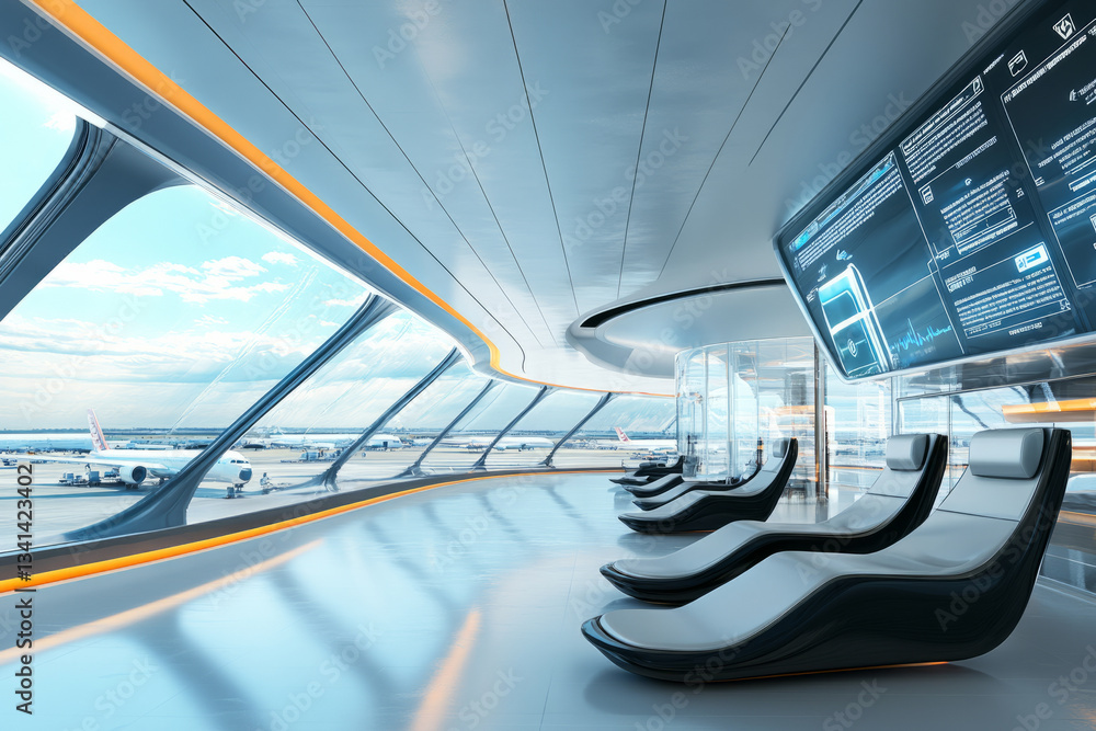 A sleek ultra-modern airport lounge 3D background room with curved glass walls overlooking a futuristic runway, robotic concierge stations assisting travelers, luxurious reclining chairs with built-in
