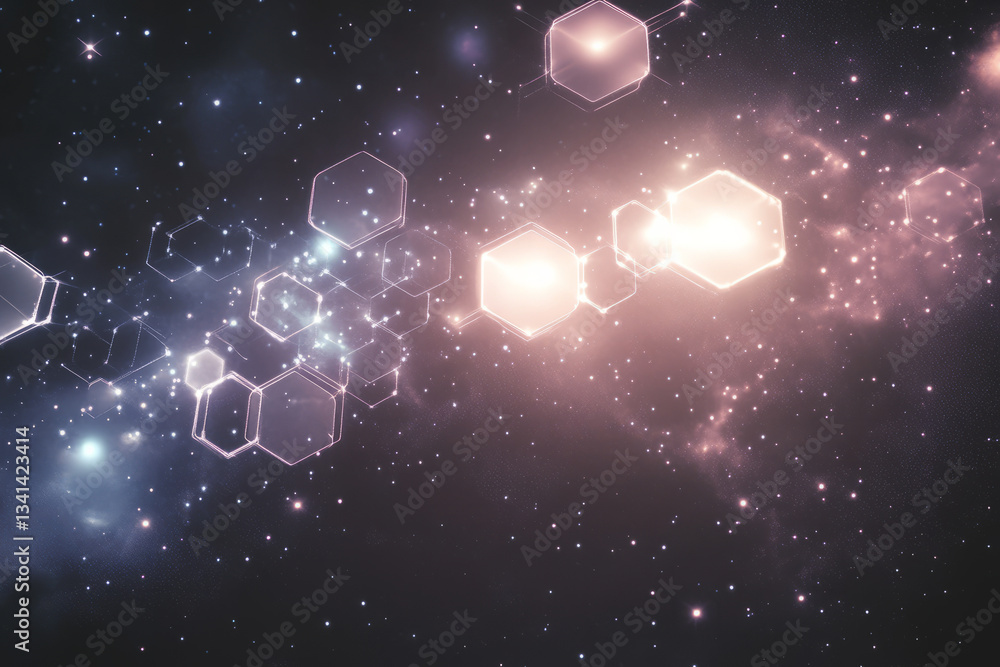 A cosmic 3D background with hexagons forming a celestial network, glowing against a starry backdrop. Some hexagons appear to fade into the cosmic void, while others pulse with soft, ethereal light,