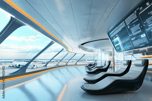 Obraz na płótnie A sleek ultra-modern airport lounge 3D background room with curved glass walls overlooking a futuristic runway, robotic concierge stations assisting travelers, luxurious reclining chairs with built-in w salonie