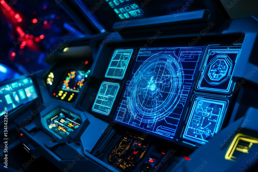 A deep-space exploration ship featuring hexagonal energy shields deflecting cosmic radiation. The glowing force fields, holographic navigation panels, and sleek metallic textures enhance the