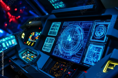 Obraz na płótnie A deep-space exploration ship featuring hexagonal energy shields deflecting cosmic radiation. The glowing force fields, holographic navigation panels, and sleek metallic textures enhance the w salonie