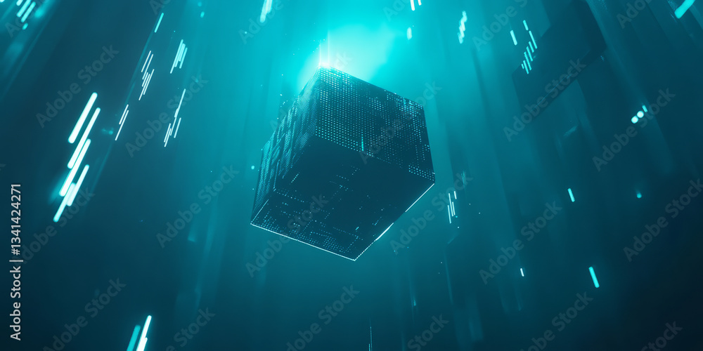 A futuristic 3D background featuring a levitating digital cube surrounded by floating data streams and glowing binary code. The deep blue and cyan tones create a sleek, technology-inspired visual
