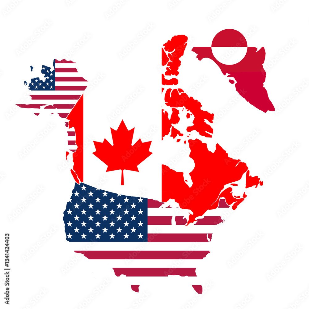Map of North America with boorders and flags colors of United States, Canada and Greenland isolated on transparent background, png cut out