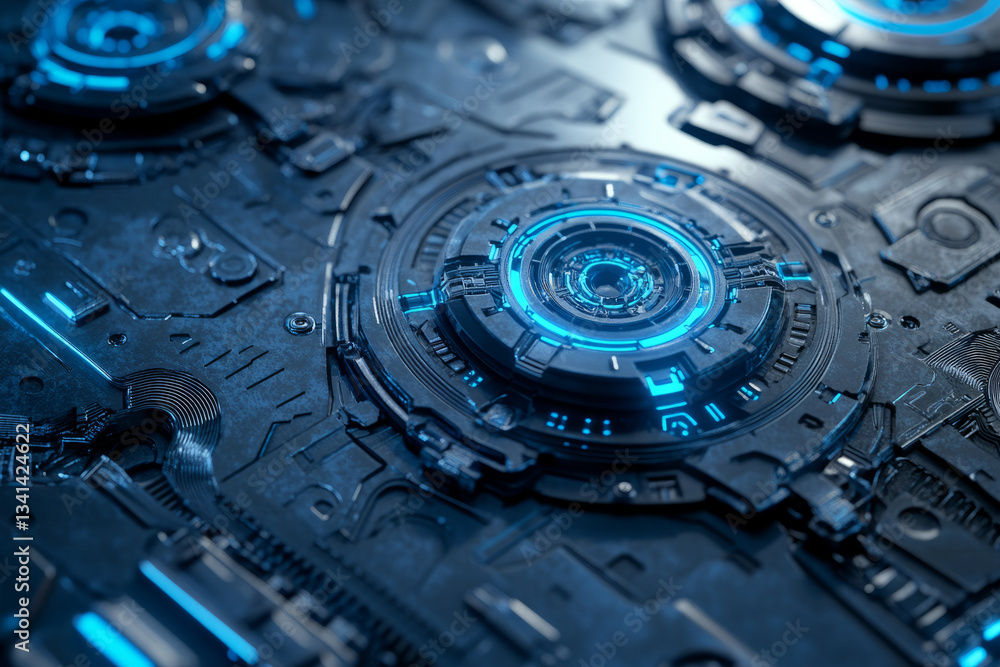A mechanical 3D background where hexagonal plates shift and rotate like interlocking gears. The metallic surface is covered with fine circuit engravings, glowing with electric blue neon light, adding