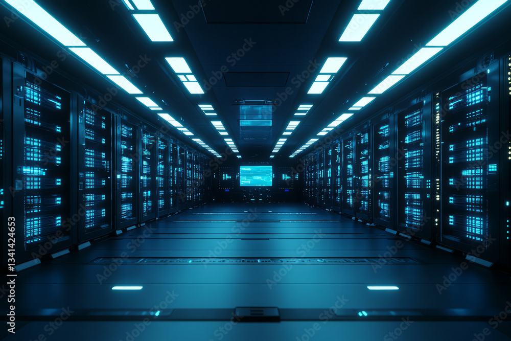 A massive digital data vault 3D background room with endless rows of glowing blue storage drives, interactive holographic security panels, and a dark high-tech ambiance resembling a cyber-secure