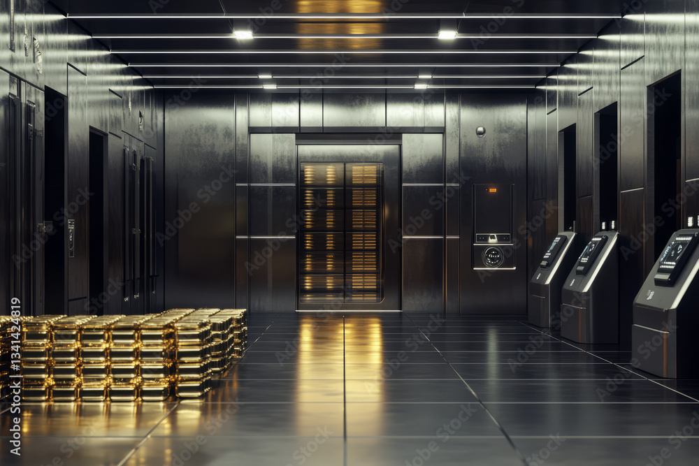 A sleek, high-security vault 3D background room with massive steel doors, biometric scanners, and stacks of gold bars neatly arranged under dim, sterile lighting. The metallic surfaces and