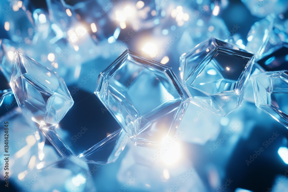 A glass-textured 3D background featuring semi-transparent hexagonal panels floating in a deep blue atmosphere. Light refracts through the edges of each hexagon, casting soft glows and reflections,