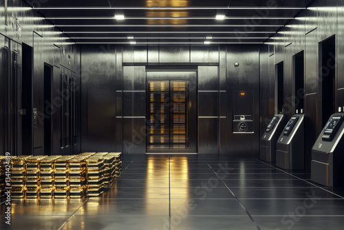Obraz na płótnie A sleek, high-security vault 3D background room with massive steel doors, biometric scanners, and stacks of gold bars neatly arranged under dim, sterile lighting. The metallic surfaces and w salonie